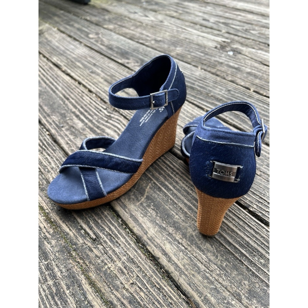 TOMS Heels Womens 8W Woven Wedge Strappy Ankle Strap Blue Open Toe 4"